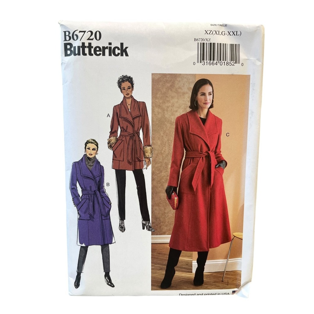 Butterick B6720 Sewing Pattern Misses XZ XLG-XXL Multi Trench Coat Wrap Jacket